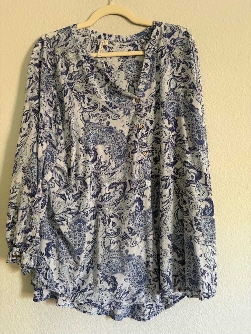 grand and greene Blue Paisley Button-Front Henley Blouse